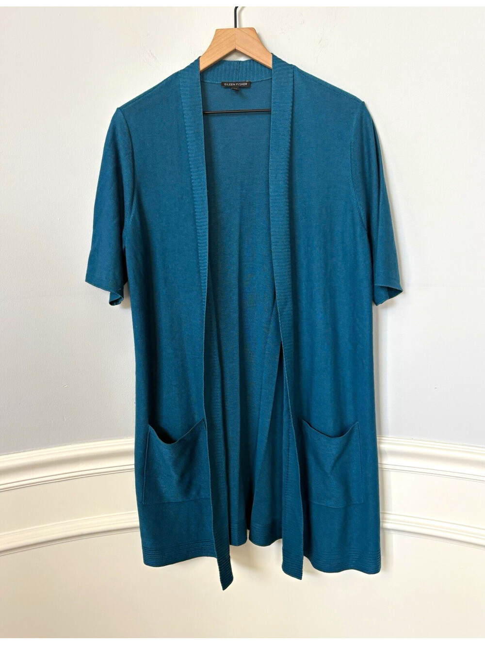 Eileen Fisher Nile Teal Open Front Short Sleeve Duster Cardigan Sweater